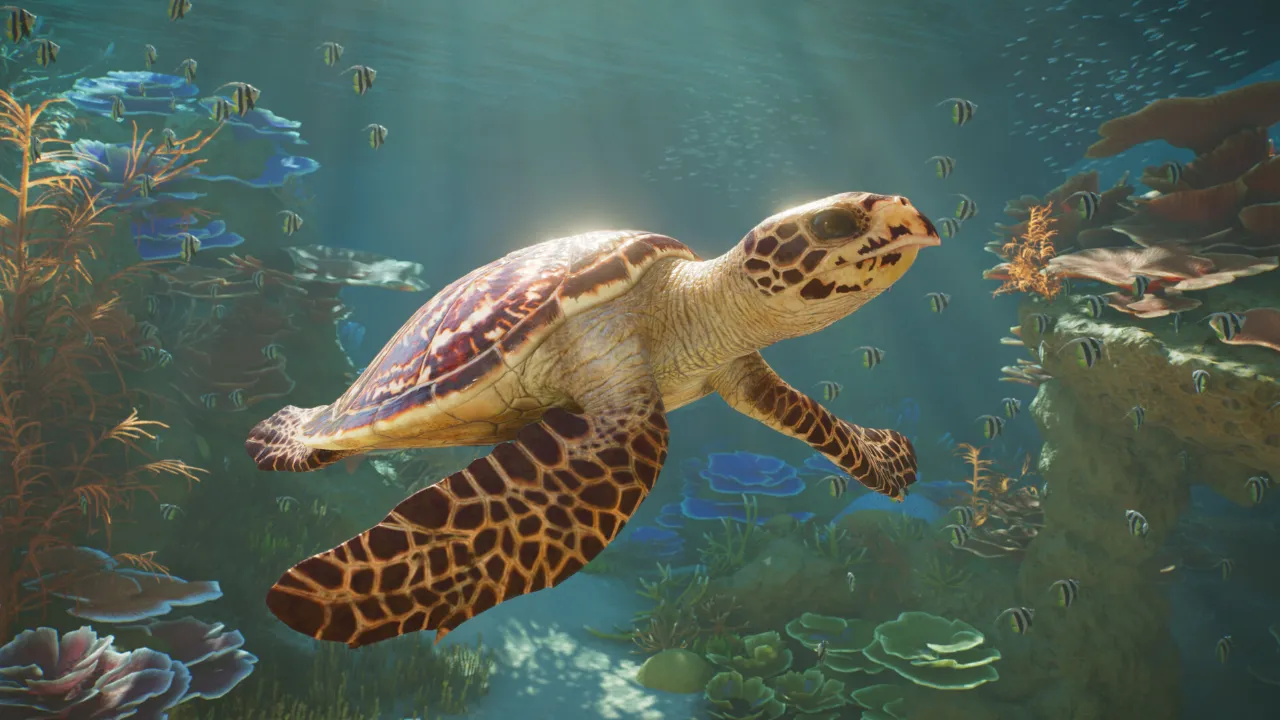 Tartaruga marinha nada em aquário de Planet Zoo 2, cercada por peixes coloridos, corais e vegetação subaquática.