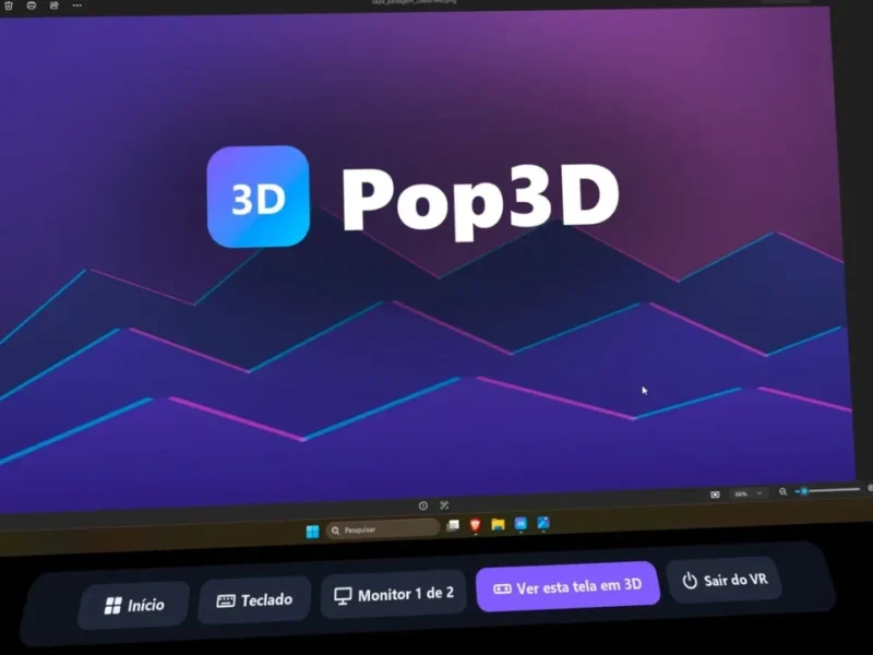Tela virtual do Pop3D exibindo vídeo convertido de 2D para 3D no Meta Quest
