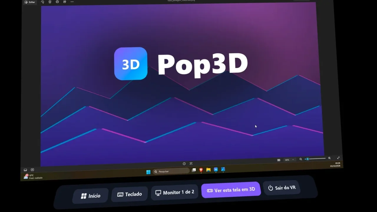 Tela virtual do Pop3D exibindo vídeo convertido de 2D para 3D no Meta Quest