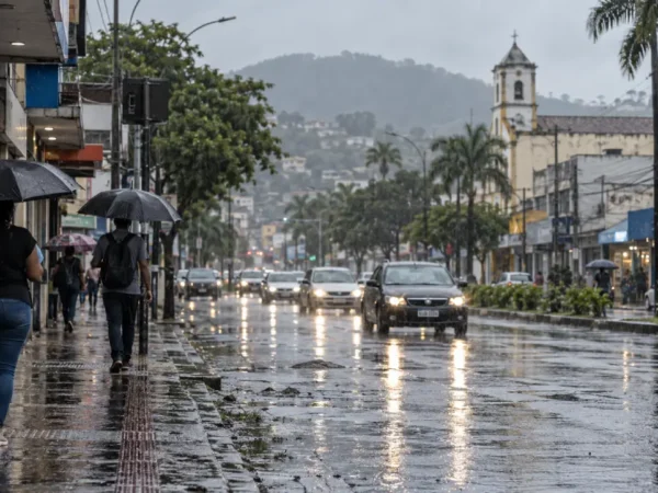 Pedestre com guarda-chuva caminha sob chuva em rua molhada