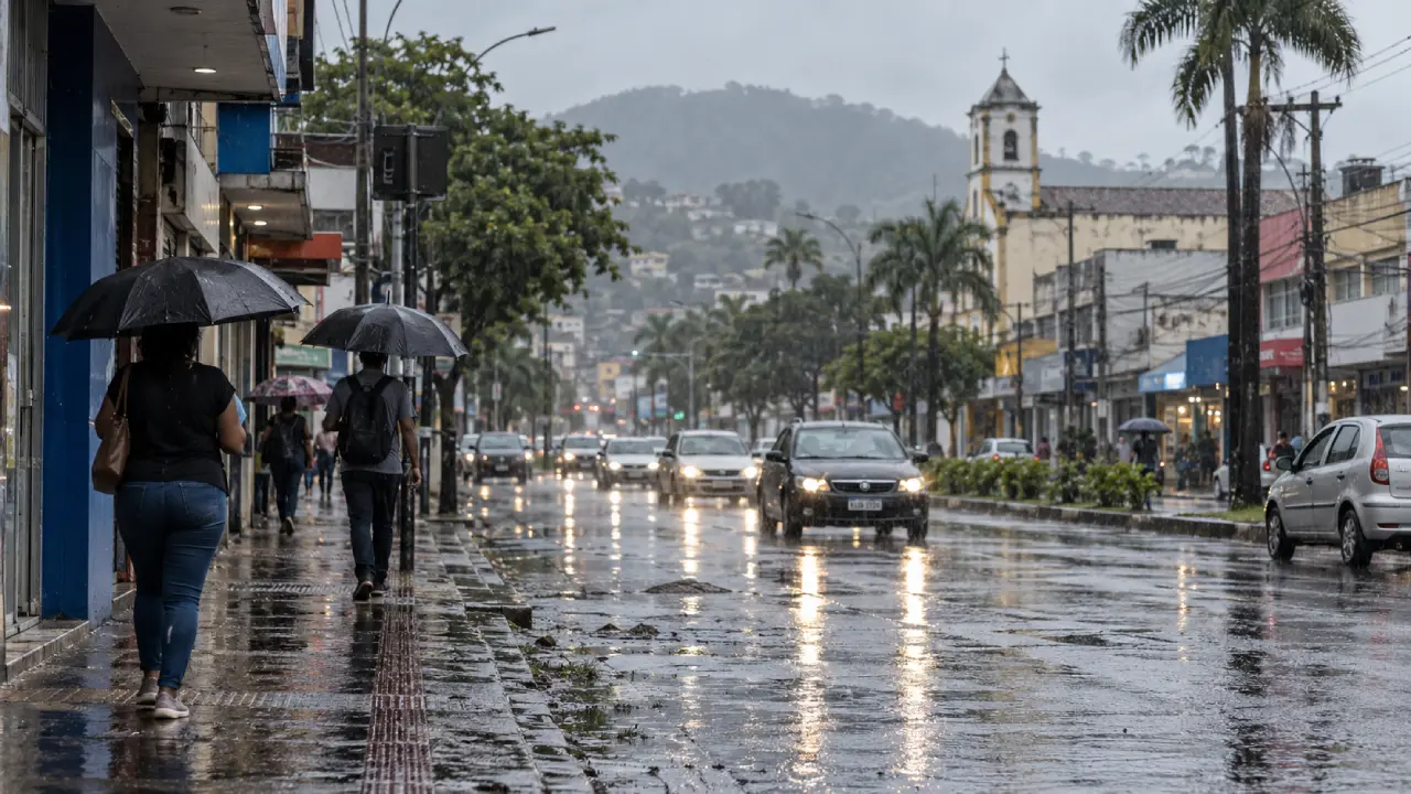 Pedestre com guarda-chuva caminha sob chuva em rua molhada Pedestre com guarda-chuva caminha sob chuva em rua molhada