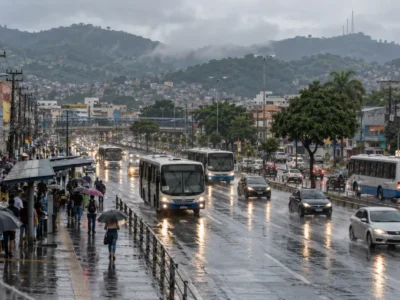 Avenida movimentada sob chuva em São Gonçalo, com ônibus, carros e pedestres