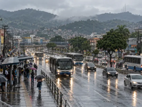 Avenida movimentada sob chuva em São Gonçalo, com ônibus, carros e pedestres