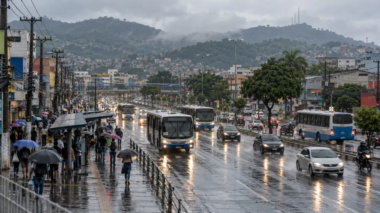 Avenida movimentada sob chuva em São Gonçalo, com ônibus, carros e pedestres Avenida movimentada sob chuva em São Gonçalo, com ônibus, carros e pedestres