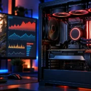 Computador gamer com processador e sistema de refrigeração iluminados em vermelho, ao lado de monitor que exibe um jogo e gráficos de desempenho da CPU.