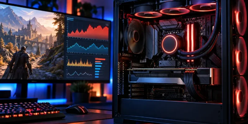 Computador gamer com processador e sistema de refrigeração iluminados em vermelho, ao lado de monitor que exibe um jogo e gráficos de desempenho da CPU.