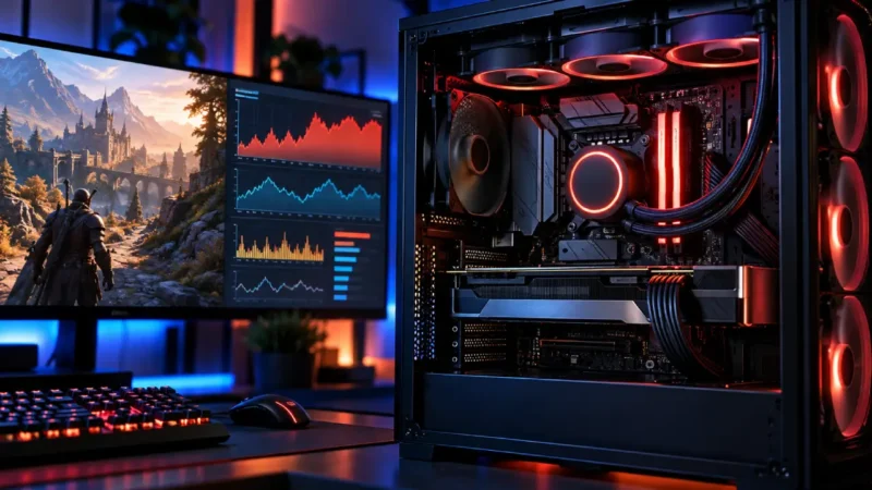 Computador gamer com processador e sistema de refrigeração iluminados em vermelho, ao lado de monitor que exibe um jogo e gráficos de desempenho da CPU.