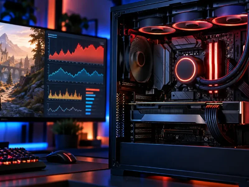 Computador gamer com processador e sistema de refrigeração iluminados em vermelho, ao lado de monitor que exibe um jogo e gráficos de desempenho da CPU.