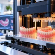 Impressora 3D odontológica produz próteses dentárias completas, com dentes brancos e gengivas rosadas, em laboratório de tecnologia digital.