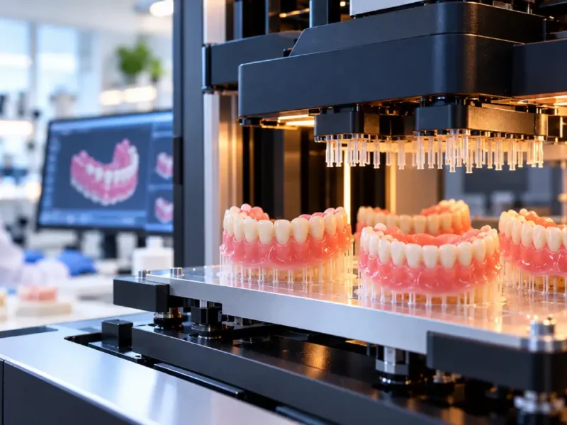 Impressora 3D odontológica produz próteses dentárias completas, com dentes brancos e gengivas rosadas, em laboratório de tecnologia digital.