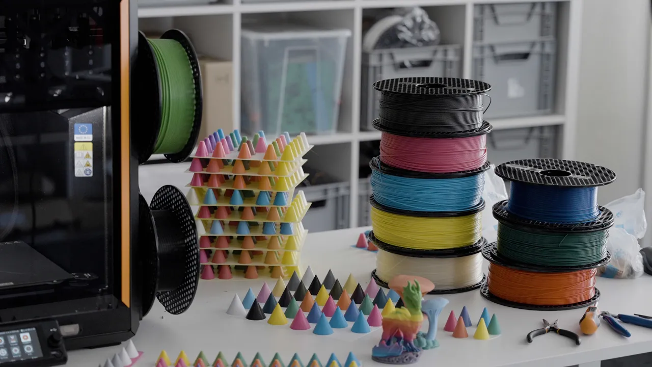 Peças impressas em 3D com diferentes tonalidades obtidas pelo sistema Prusa ColorMix. Peças impressas em 3D com diferentes tonalidades obtidas pelo sistema Prusa ColorMix.