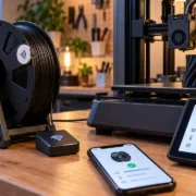 Impressora 3D ao lado de uma bobina de filamento preto com etiqueta NFC, leitor eletrônico e smartphone exibindo informações do material.