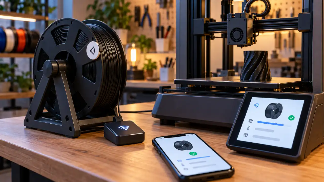 Impressora 3D ao lado de uma bobina de filamento preto com etiqueta NFC, leitor eletrônico e smartphone exibindo informações do material.