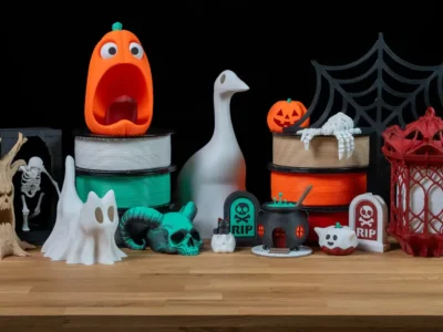 Modelos de fantasmas produzidos por impressão 3D com a ferramenta Ghost Studio, apresentada pela Prusa para o Halloween 2026.