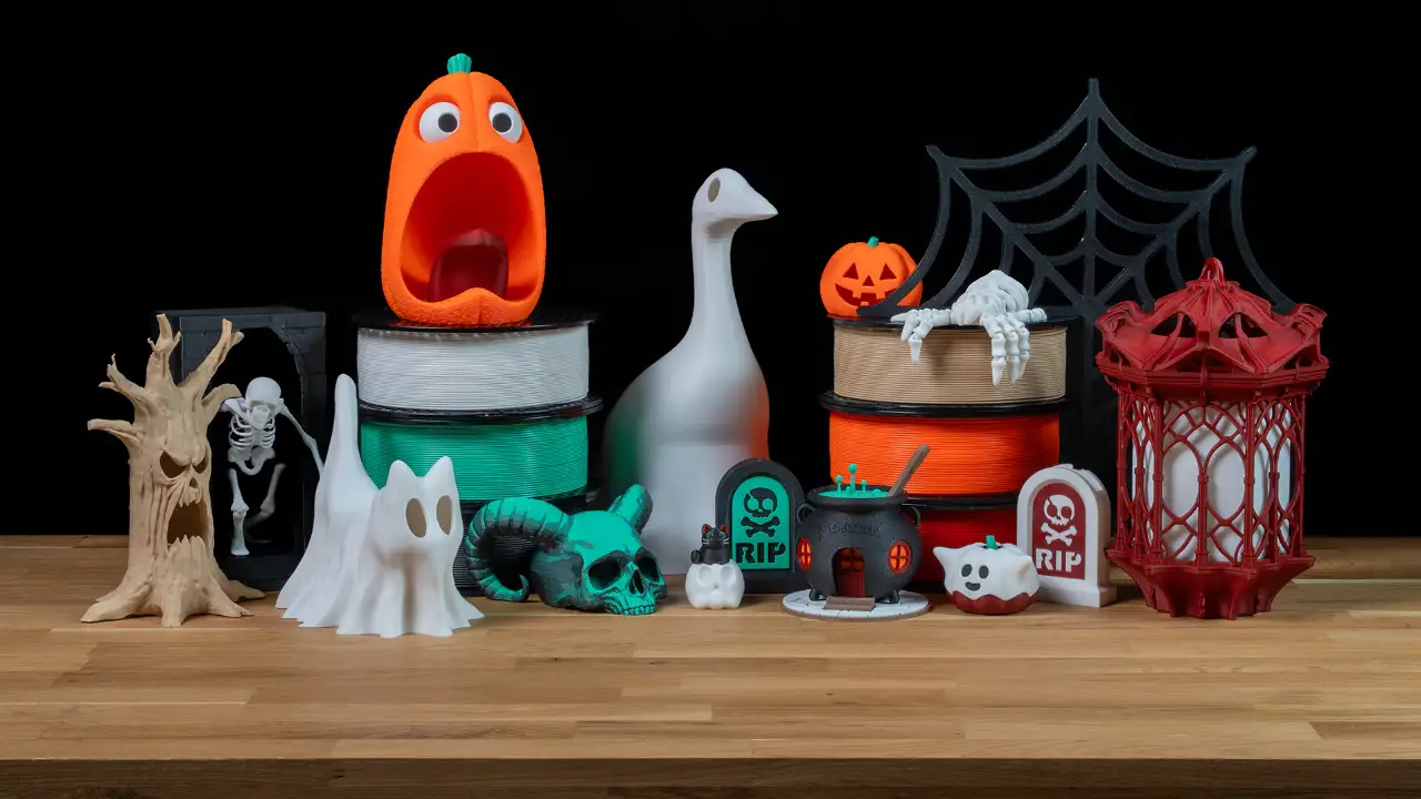 Modelos de fantasmas produzidos por impressão 3D com a ferramenta Ghost Studio, apresentada pela Prusa para o Halloween 2026.