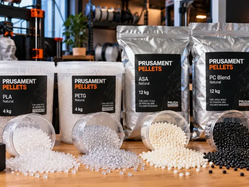 Embalagens de Prusament Pellets dos materiais PLA, PETG, ASA e PC Blend, acompanhadas de grânulos plásticos utilizados na impressão 3D de grande formato.