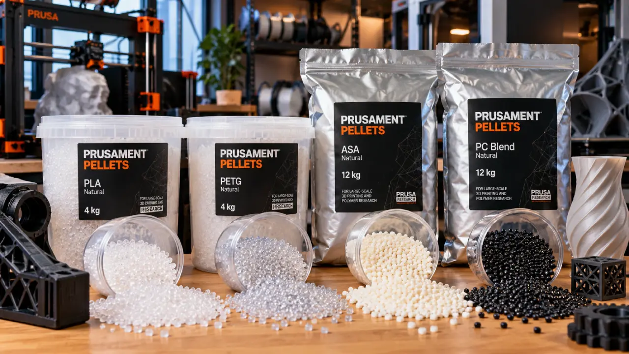Embalagens de Prusament Pellets dos materiais PLA, PETG, ASA e PC Blend, acompanhadas de grânulos plásticos utilizados na impressão 3D de grande formato.