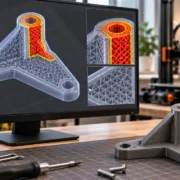 Modelo de peça 3D com reforço localizado destacado em vermelho e laranja na tela de um computador, ao lado de uma peça impressa e uma impressora 3D.