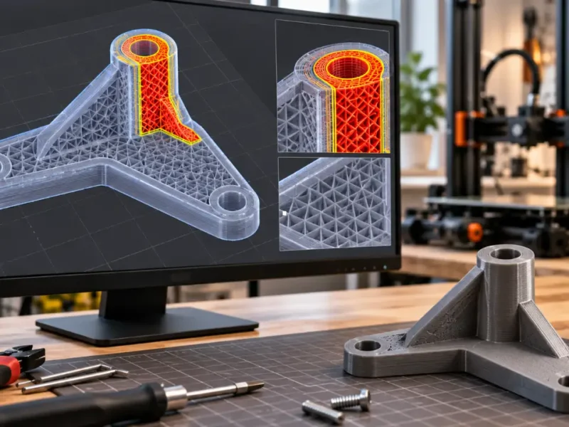 Modelo de peça 3D com reforço localizado destacado em vermelho e laranja na tela de um computador, ao lado de uma peça impressa e uma impressora 3D.