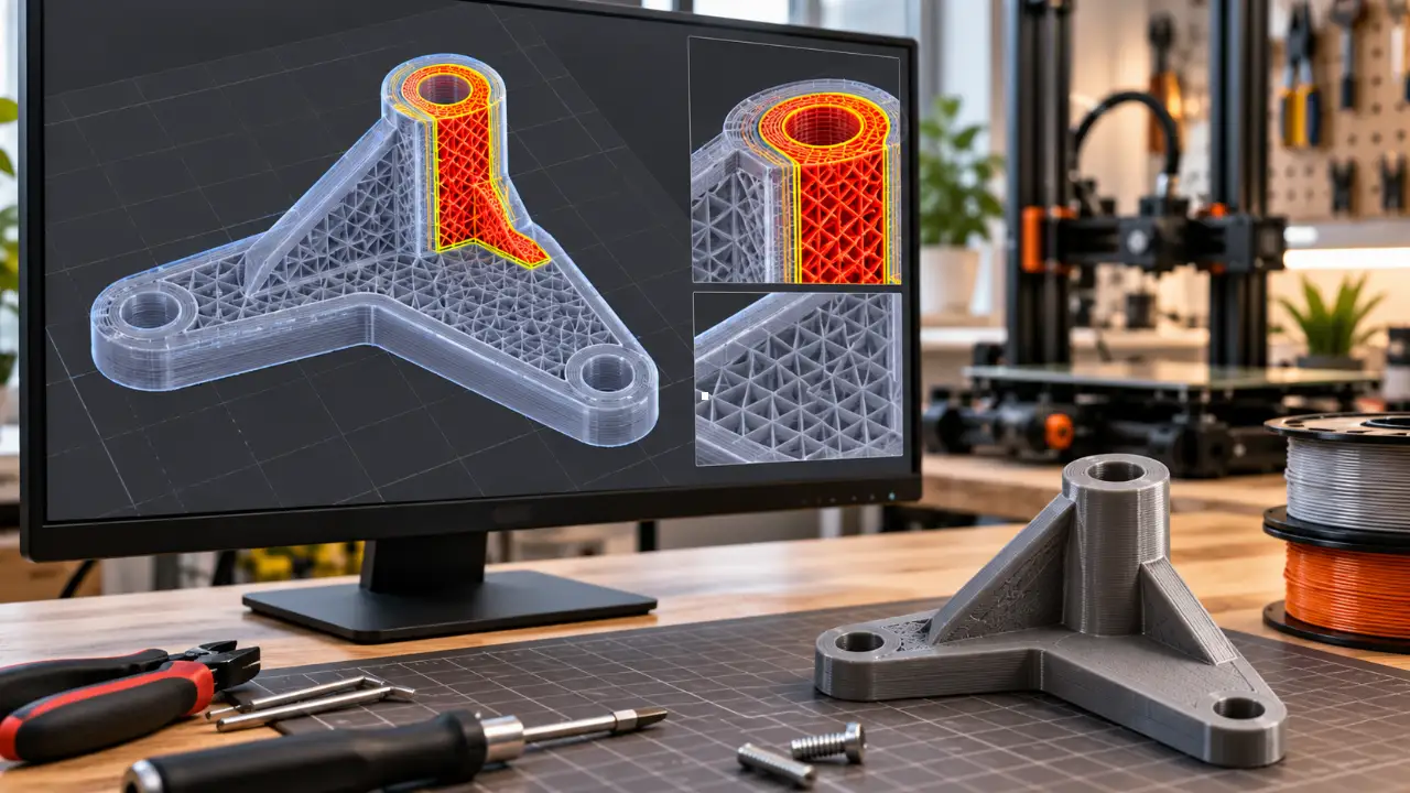 Modelo de peça 3D com reforço localizado destacado em vermelho e laranja na tela de um computador, ao lado de uma peça impressa e uma impressora 3D. Modelo de peça 3D com reforço localizado destacado em vermelho e laranja na tela de um computador, ao lado de uma peça impressa e uma impressora 3D.