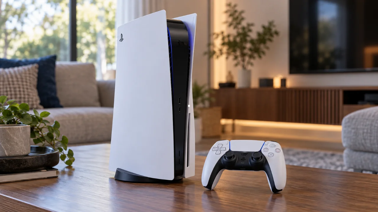 PlayStation 5 com controle DualSense sobre mesa de sala