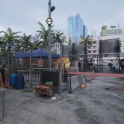 Posto de quarentena em Miami Zero, expansão de Quarantine Zone: The Last Check, com sobreviventes e equipamentos de inspeção.