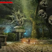 Cena de Queen’s Domain mostra arma com caveiras em primeiro plano, criatura monstruosa e ruínas cobertas por vegetação em um cenário de fantasia sombria.