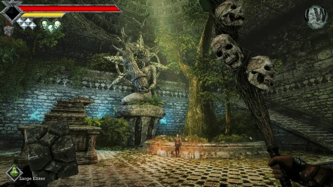Cena de Queen’s Domain mostra arma com caveiras em primeiro plano, criatura monstruosa e ruínas cobertas por vegetação em um cenário de fantasia sombria.