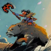 Kintarō montado no urso Kuma em Ravenswatch, jogo de ação que recebeu um novo personagem inspirado no folclore japonês.
