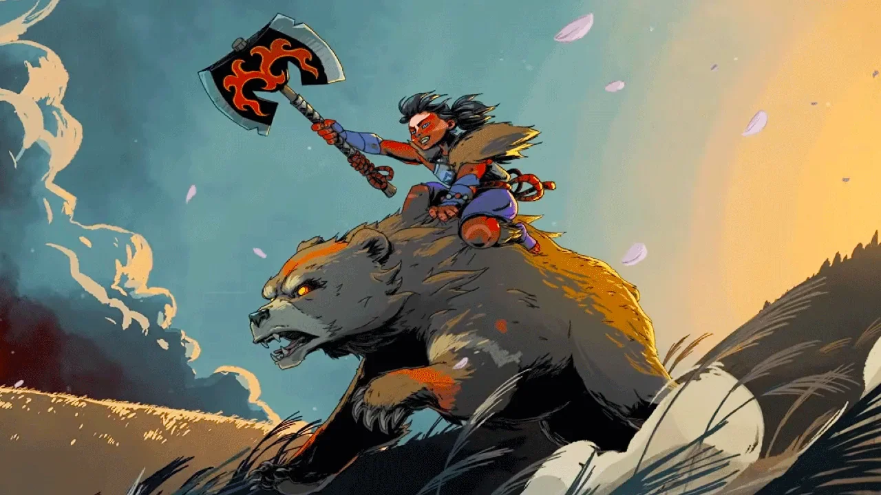 Kintarō montado no urso Kuma em Ravenswatch, jogo de ação que recebeu um novo personagem inspirado no folclore japonês. Kintarō montado no urso Kuma em Ravenswatch, jogo de ação que recebeu um novo personagem inspirado no folclore japonês.