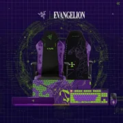 Coleção Razer Evangelion EVA-01 apresenta cadeira gamer, teclado, mouse, mousepad e soundbar nas cores roxa e verde.