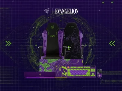 Coleção Razer Evangelion EVA-01 apresenta cadeira gamer, teclado, mouse, mousepad e soundbar nas cores roxa e verde.