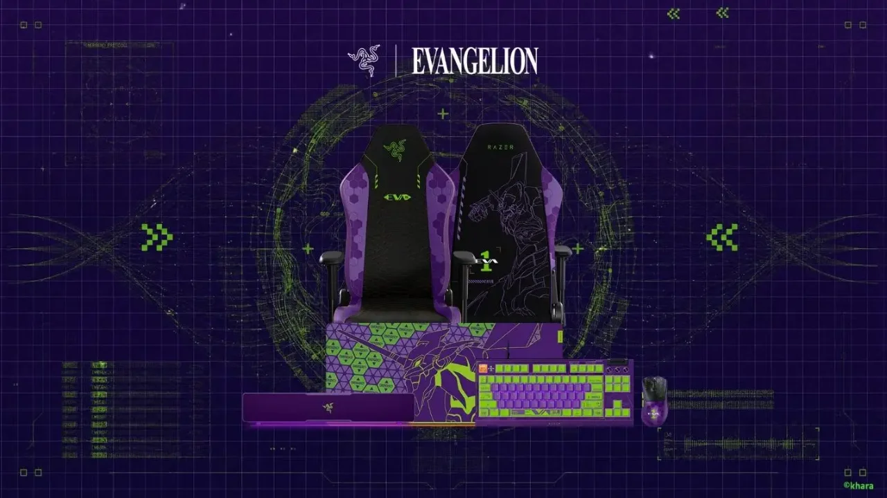 Coleção Razer Evangelion EVA-01 apresenta cadeira gamer, teclado, mouse, mousepad e soundbar nas cores roxa e verde. Coleção Razer Evangelion EVA-01 apresenta cadeira gamer, teclado, mouse, mousepad e soundbar nas cores roxa e verde.