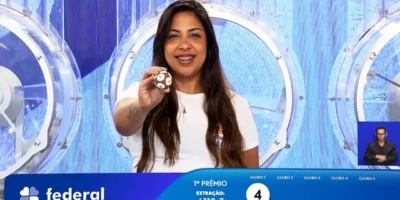 Garota da Sorte exibe bola ejetada do globo durante sorteio que formou o resultado completo de todos os prêmios do concurso 6110 da Loteria Federal, referente à Extração de Domingo, 18/10, com todas as dezenas de milhar do 1º, 2º, 3º, 4º, 5º prêmio, bem como premiações derivadas