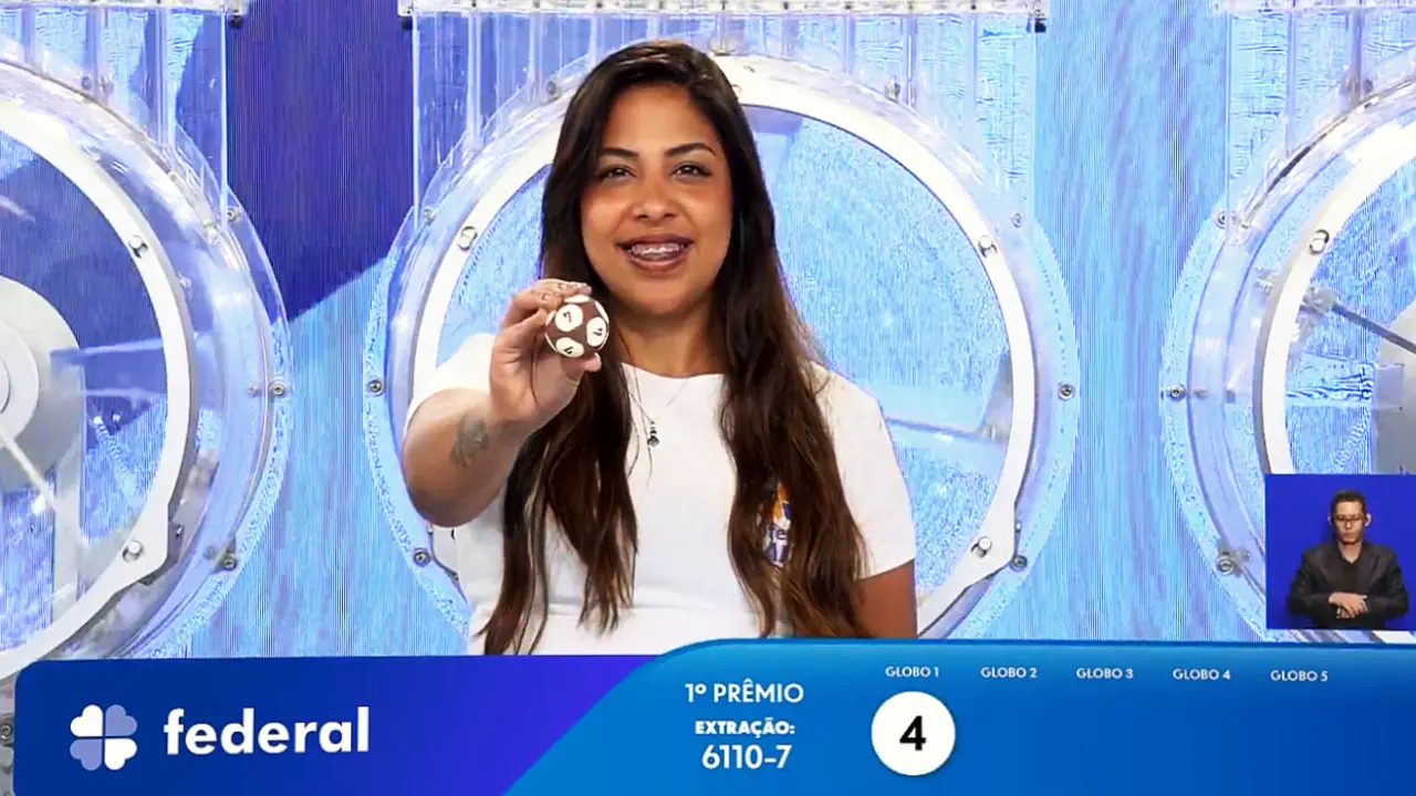 Garota da Sorte exibe bola ejetada do globo durante sorteio que formou o resultado completo de todos os prêmios do concurso 6110 da Loteria Federal, referente à Extração de Domingo, 18/10, com todas as dezenas de milhar do 1º, 2º, 3º, 4º, 5º prêmio, bem como premiações derivadas
