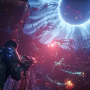 Personagem de Saros enfrenta criaturas alienígenas e uma chuva de projéteis luminosos durante combate em cenário de ficção científica no PS5.