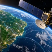 Ilustração de satélite de comunicações em órbita da Terra, com o Brasil em destaque e conexões digitais representadas por linhas luminosas.