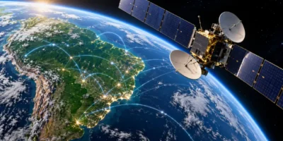 Ilustração de satélite de comunicações em órbita da Terra, com o Brasil em destaque e conexões digitais representadas por linhas luminosas.