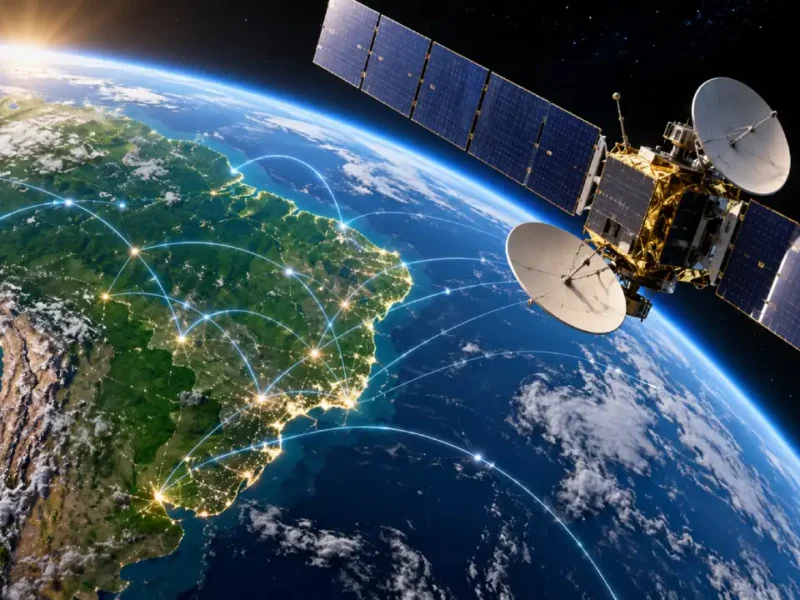 Ilustração de satélite de comunicações em órbita da Terra, com o Brasil em destaque e conexões digitais representadas por linhas luminosas.
