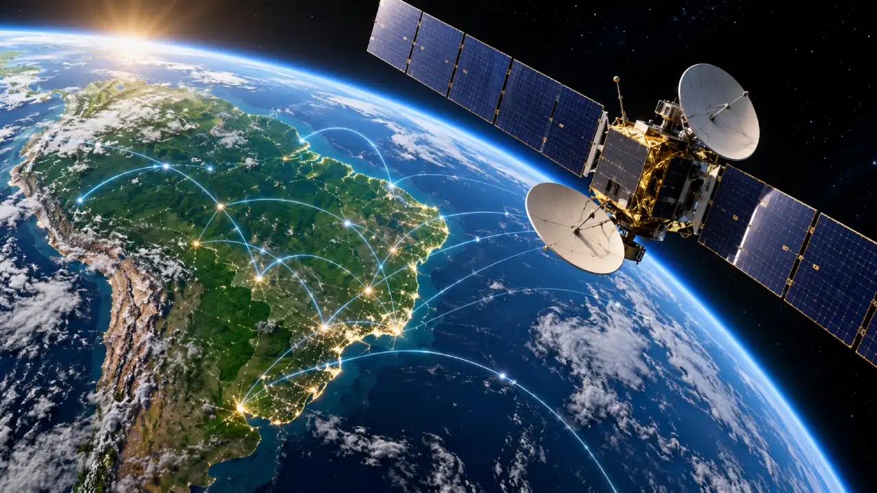 Ilustração de satélite de comunicações em órbita da Terra, com o Brasil em destaque e conexões digitais representadas por linhas luminosas.