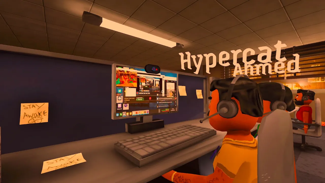 Central de atendimento fictícia de Scam With Your Friends, jogo cooperativo com personagens controlados por inteligência artificial.