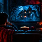 Homem assiste a uma série de terror com uma mansão assombrada e um fantasma na televisão, enquanto figuras de vampiro e bruxa aparecem nas sombras.