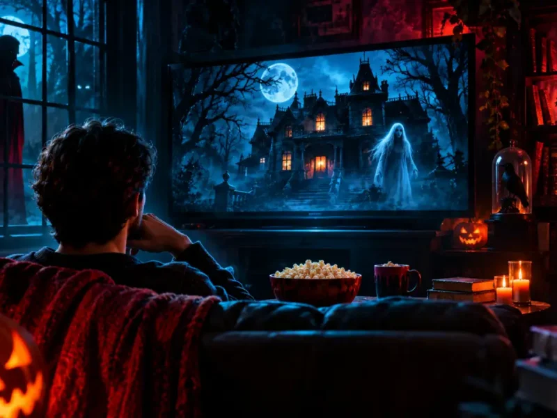 Homem assiste a uma série de terror com uma mansão assombrada e um fantasma na televisão, enquanto figuras de vampiro e bruxa aparecem nas sombras.