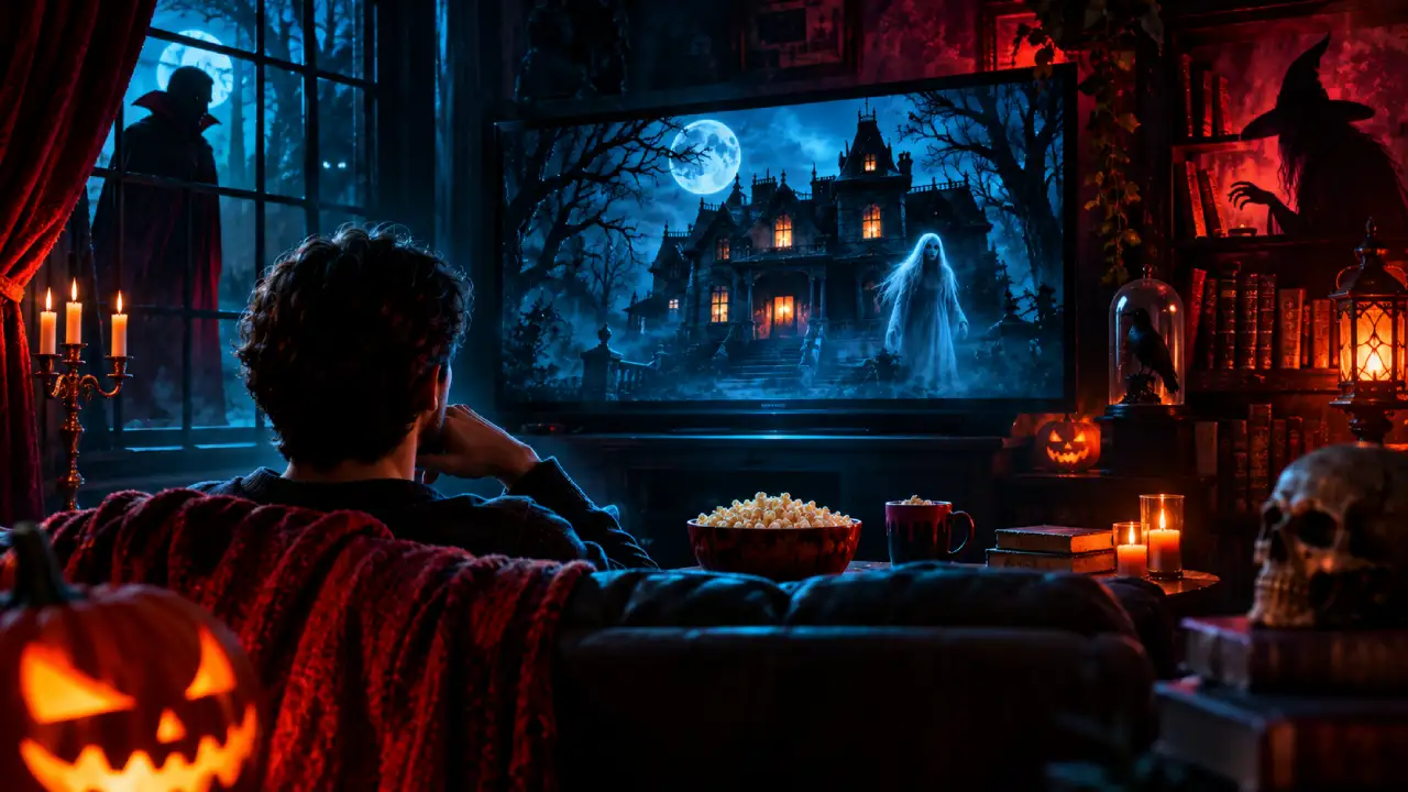 Homem assiste a uma série de terror com uma mansão assombrada e um fantasma na televisão, enquanto figuras de vampiro e bruxa aparecem nas sombras. Homem assiste a uma série de terror com uma mansão assombrada e um fantasma na televisão, enquanto figuras de vampiro e bruxa aparecem nas sombras.