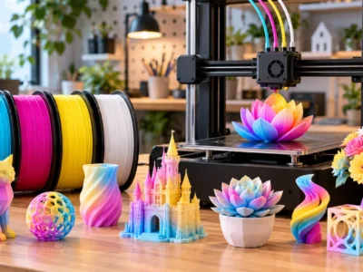 Impressora 3D produz peça multicolorida ao lado de quatro bobinas de filamento ciano, magenta, amarelo e branco, com miniaturas e objetos decorativos coloridos.