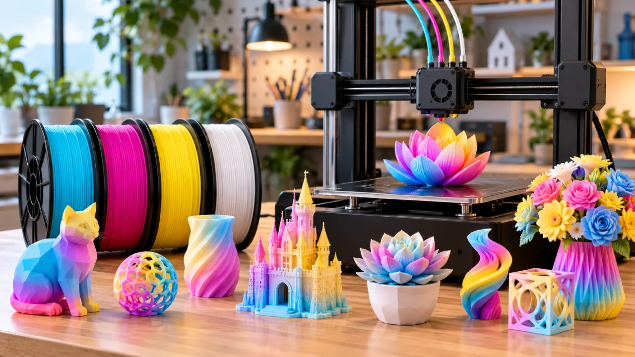 Impressora 3D produz peça multicolorida ao lado de quatro bobinas de filamento ciano, magenta, amarelo e branco, com miniaturas e objetos decorativos coloridos.