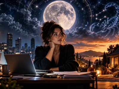 Mulher diante do notebook representa sobrecarga entre trabalho, vida pessoal e responsabilidades