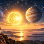 Pessoa observa o Sol e Júpiter sob céu astrológico em cena de expansão e novas oportunidades