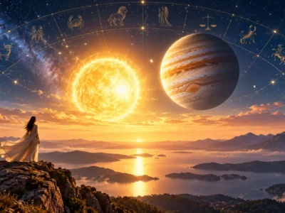 Pessoa observa o Sol e Júpiter sob céu astrológico em cena de expansão e novas oportunidades