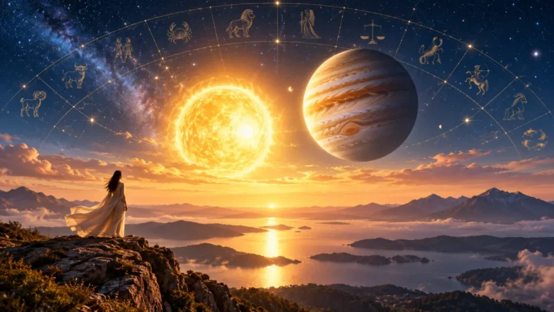 Pessoa observa o Sol e Júpiter sob céu astrológico em cena de expansão e novas oportunidades